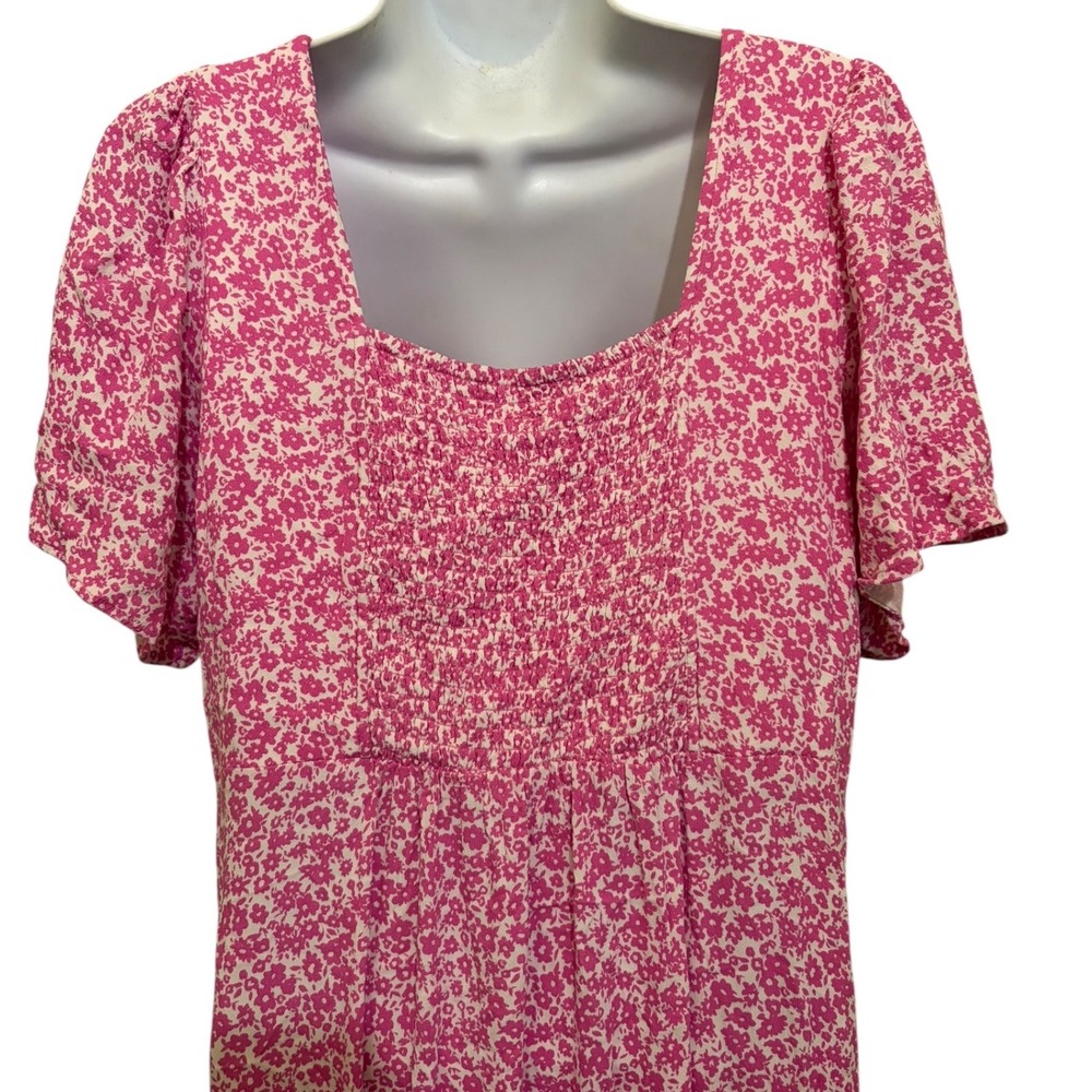 Ditzy Floral Midi Dress Pink White Button Down Front Smocked Back Boho Cottage - Picture 6 of 12